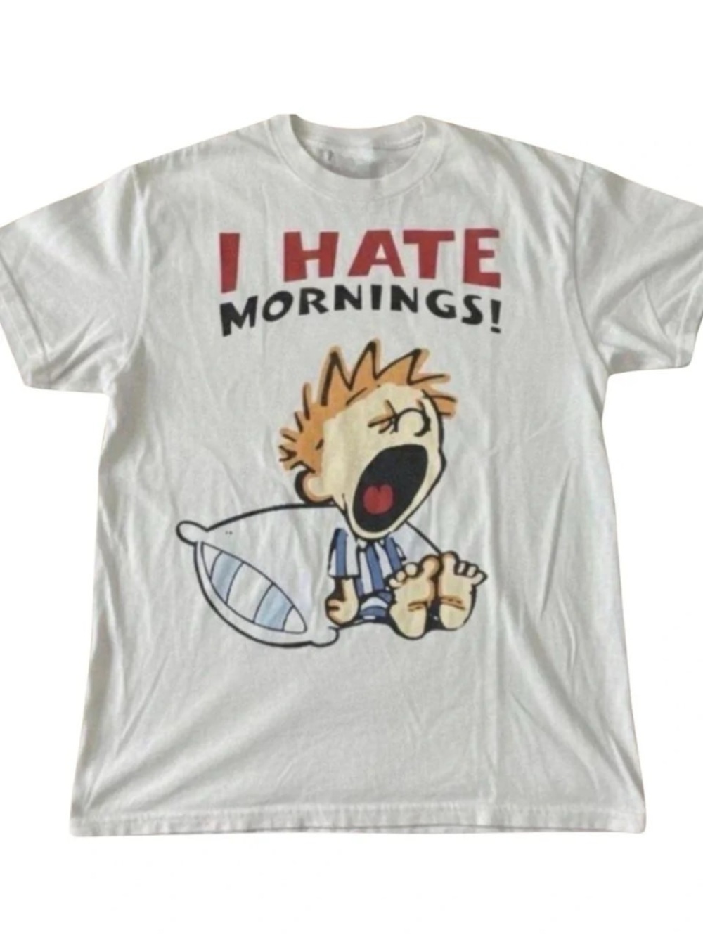 White Tee with Red 'I HATE MORNINGS!' and Cartoon Yawning kid